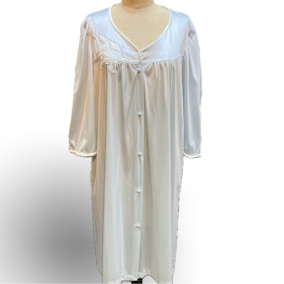 VINTAGE silky nightgown house robe embroidered floral button front‎ midi 80s - Picture 4 of 12